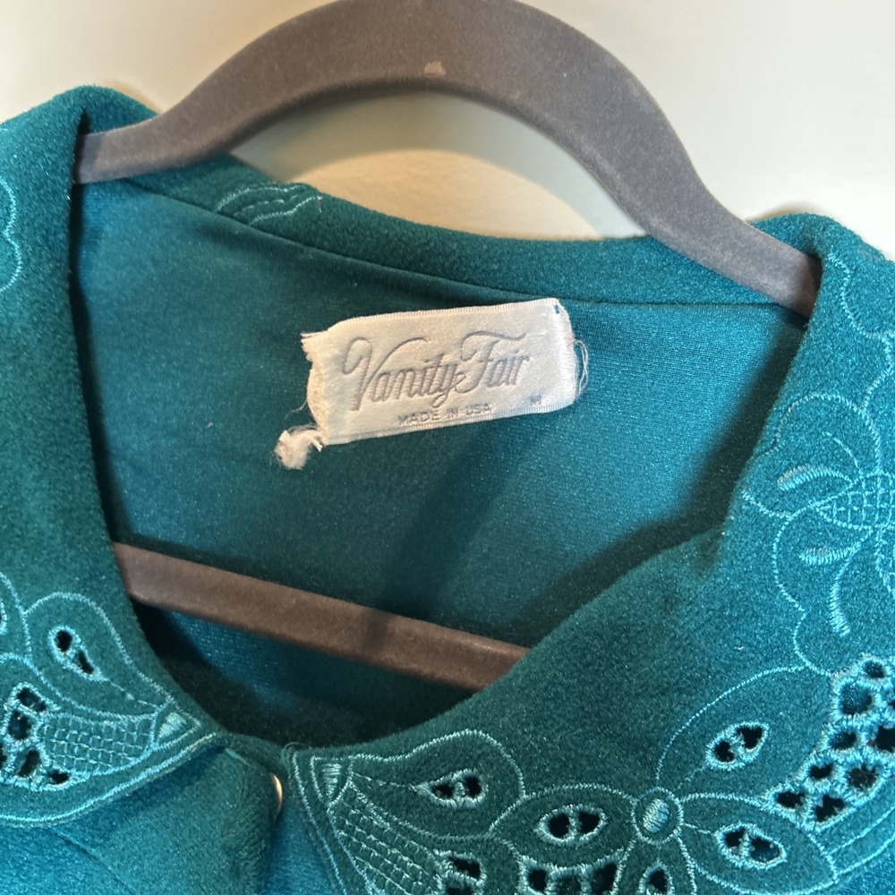 Vintage Vanity Fair Medium Green Lounger House Coat Robe Velour Collar 3/4 Snap - Picture 4 of 11